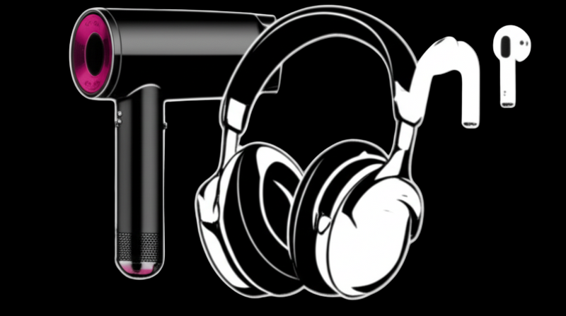 Black and white illustration of a hair dryer, headphones, and earbuds on a gray background