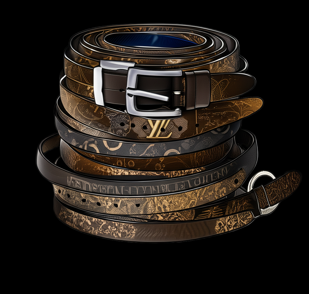 Stack of leather belts with visible brand logos on a white background, labeled 'Belt Vendor'.