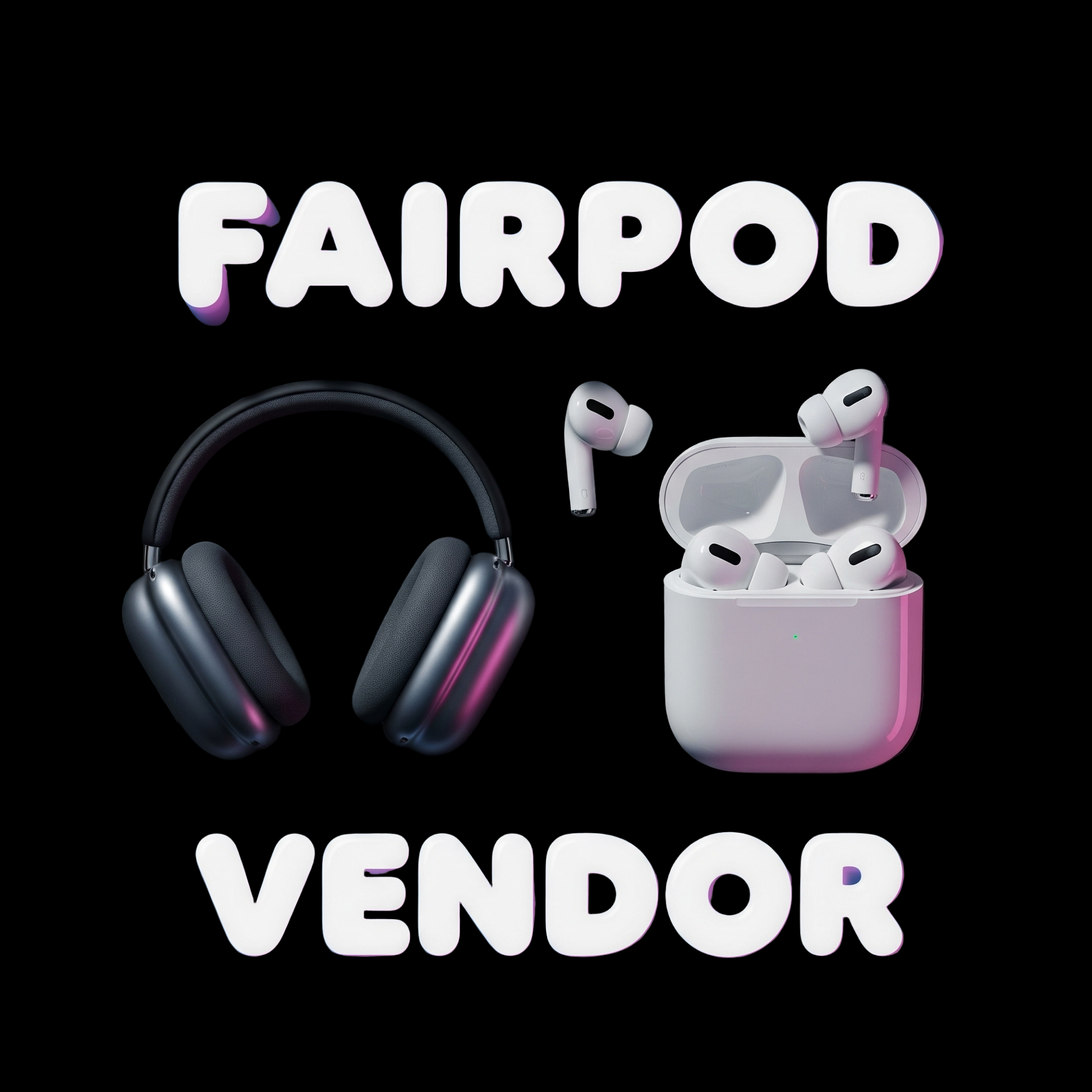 Headphones and wireless earbuds in a case with 'FAIRPOD VENDOR' text on a dark background