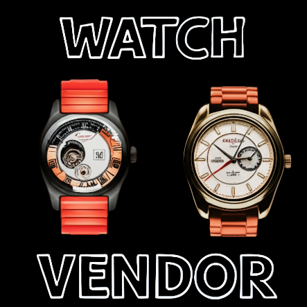 Two watches with red and orange straps on a dark background with 'WATCH VENDOR' text.